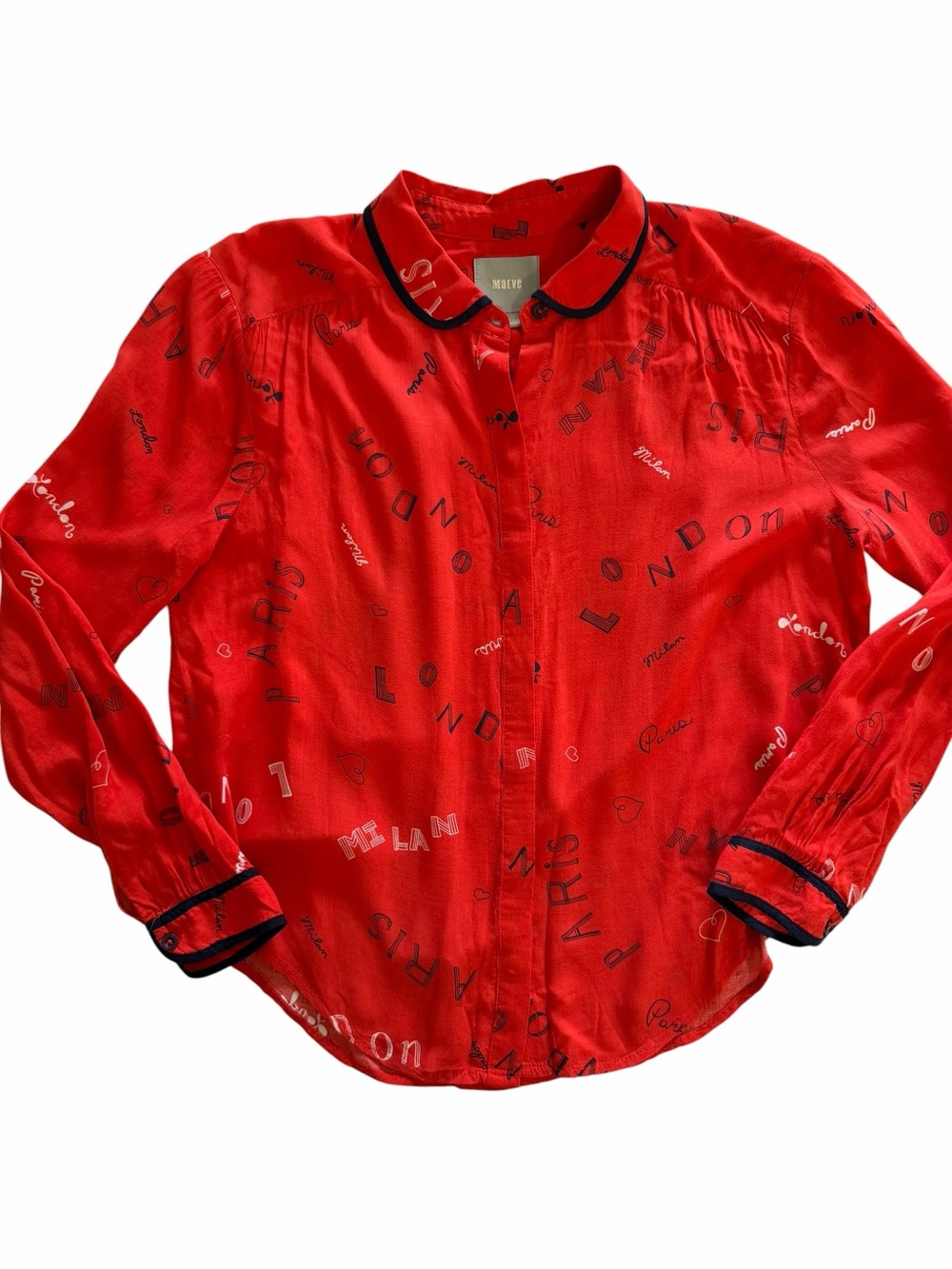 Maeve Anthropologie Paris Print Button Front Blouse Red Rayon Top Size 2P Petite